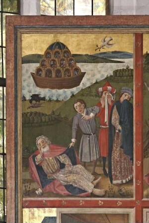 Hauptaltar, sog. Erzväteraltar — Szenen der Geschichte der Erzväter — Linker, äußerer Altarflügel (Innenseite) mit vier Bildfeldern — Noahs Trunkenheit