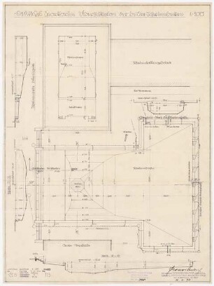 Deutsches Sportforum, Berlin: Übersichtsplan der beiden Schwimmbecken, Grundriss 1:200, 3 Schnitte 1:200