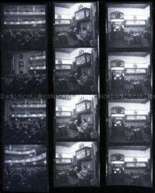 Schwarz-Weiß-Negative mit Aufnahmen einer Friedenskundgebung des Kulturbundes in der Deutschen Staatsoper (Admiralspalast) in Berlin, sowie von Gästen im Aquarium Café Märchenland
