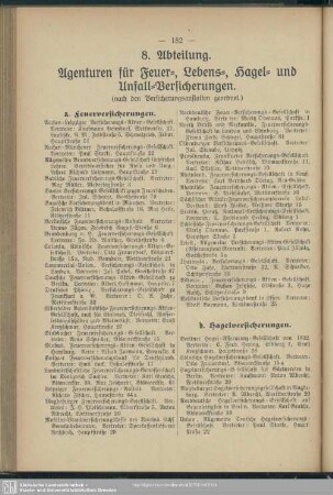 VIII. Abteilung. Agenturen für Feuer-, Lebens-, Hagel- und Unfall-Versicherungen