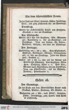 Verzeichniß, wie die kaiserl. Reichsposten zu Salmansweiler ankommen und abgehen