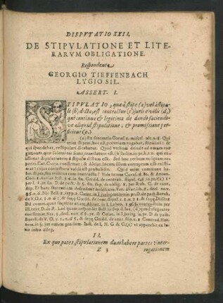 Disputatio XXII. De Stipualtione Et Literarum Obligatione. Respondente Georgio Tieffenbach