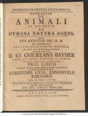 Dissertatio Physiologico-Medica, Generatim De Animali Et Speciatim De Hvmana Natvra Agens