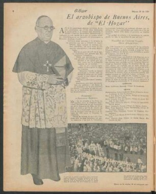 El arzobispo de Buenos Aires, Monseñor Santiago L. Copello, se dirige a los lectores de "El Hogar"