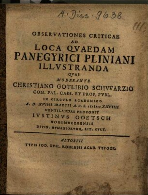 Observationes Criticae Ad Loca Qvaedam Panegyrici Pliniani Illvstranda