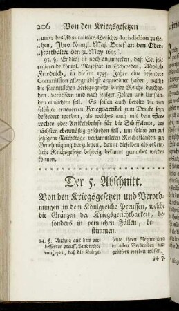 Der 5. Abschnitt. Von den Kriegsgesetzen und Verordnungen in dem Königreiche Preussen, welche die Gränzen der Kriegsgerichtbarkeit, besonders in peinlichen Fällen, bestimmen.