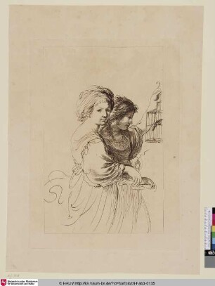[Deux jeunes filles, dont l'une tient une épée et l'autre une cage avec un oiseau; Zwei Mädchen, eines mit Schwert und eines mit Käfig mit einem Vogel]