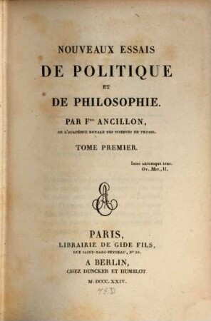 Nouveaux essais de politique et de philosophie. 1