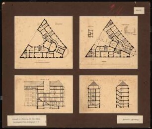 Bebauung des Grundstücks Reichstagsplatz, Reichstagsufer 4, Berlin-Mitte: Grundriss Keller, Sockelgschoss, Schnitt AB, Schnitt CD, Schnitt EF, Schnitt GH 1:200