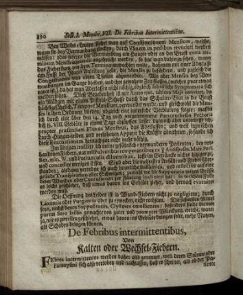 De Febribus intermittentibus, Von Kalten oder Wechsel- Fiebern.