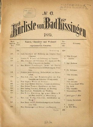 Kurliste von Bad Kissingen und Kissinger Bad-Anzeiger. 1889