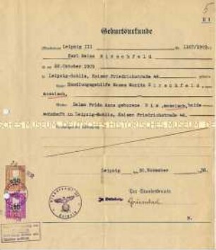 Geburtsurkunde eines 1909 geborenen jüdischen Bürgers, ausgestellt 1938