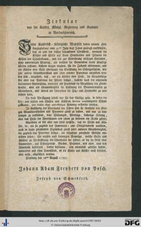 Zirkular von der Kaiserl. Königl. Regierung und Kammer in Vorderösterreich : Freyburg den 16ten August 1787.