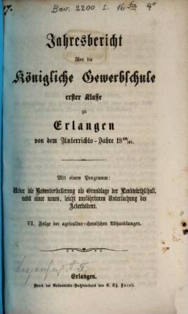 Jahresbericht über die Königliche Gewerbschule Erster Klasse zu Erlangen : von dem Unterrichtsjahre ... 1866/67