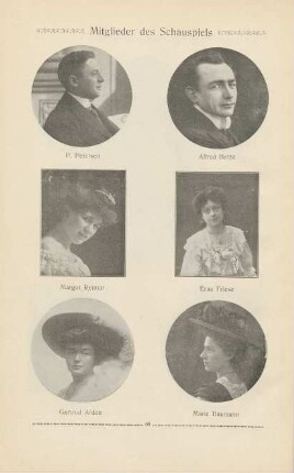 Mitglieder des Schauspiels. P. Petersen. Alfred Hetze. Margot Reimar. Erna Friese. Gertrud Arden. Marie Baumann
