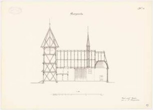 Holzkirche, Dziergowitz: Längsschnitt 1:100 (aus: Die Holzkirchen und Holztürme der preußischen Ostprovinzen)