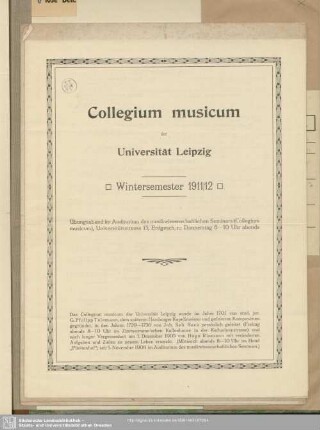 Collegium musicum der Universität Leipzig : Wintersemester 1911/12