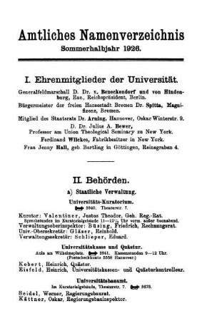 Amtliches Namenverzeichnis Sommerhalbjahr 1926.