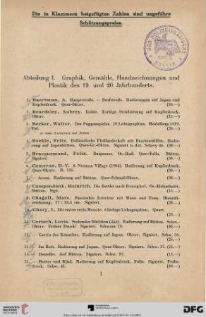 Abteilung I. Graphik, Gemälde, Handzeichnungen und Plastik des 19. Und 20. Jahrhunderts (Nr. 1-515)