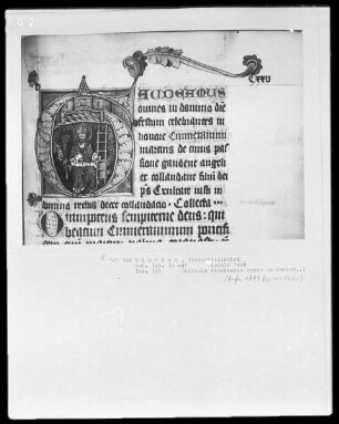 Missale des Petrus Crüger — Initiale G (audeamus omnes in domino) mit dem Abt Ulrich Pettendorfer zu Füßen des heiligen Emmeram, Folio 125recto