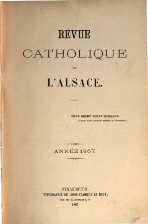 Revue catholique d'Alsace, 1867 = T. 9