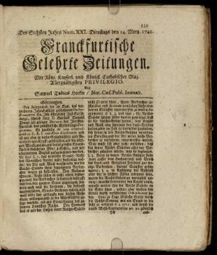 Num. XXI. Dienstags den 14. Mertz. 1741 - Num. XXX. Freytags den 14. April. 1741