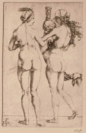 2 nackte Frauen mit Totenkopf und Stundenglas