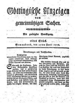 26tes Stück. Sonnabend, den 27ten Junii 1778.