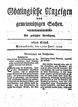 26tes Stück. Sonnabend, den 27ten Junii 1778.