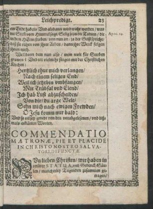 Commendatio Matronae, Pie Et Placide In Christo Nostro Salvatore, Defunctae.