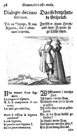Dialogo decimo settimo. Trà un Signore, & una Signora, che s' assentano à tavola. / Das siebenzehende Gespräch. Zwischen einen Herrn, und einer Frauen, so zu Tische sitzen.
