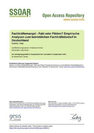 Fachkräftemangel - Fakt oder Fiktion? Empirische Analysen zum betrieblichen Fachkräftebedarf in Deutschland