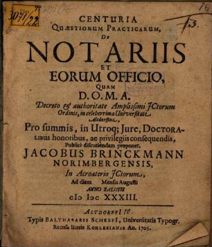Centuria Quæstionum Practicarum, De Notariis Et Eorum Officio
