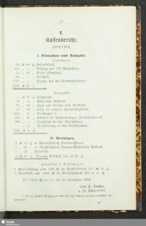 V. Kassenbericht 1908/09