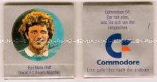 Streichholzbriefchen des Commodore-Fan-Clubs mit Aufkleber von Jean-Marie Pfaff vom F.C. Bayern München