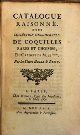 Catalogue raisonné d'une Collection ... de Coquilles rares par Helle et Remy