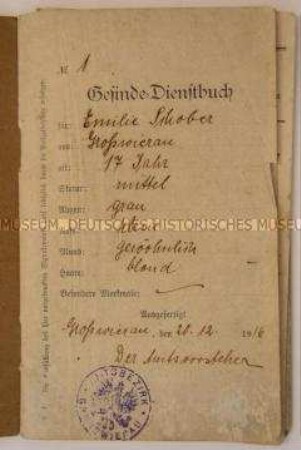 Gesindedienstbuch für Emilie Schober; Großwierau, 20.Dez. 1916