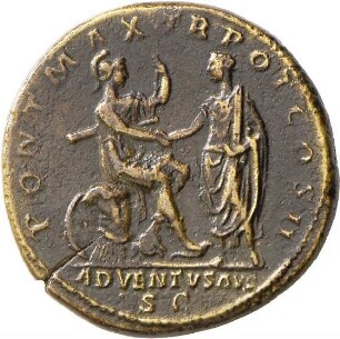 Dupondius des Hadrian mit Darstellung der den Kaiser begrüßenden Roma