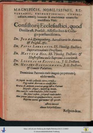 Magnificis, nobilissimis reverendis, eminentissimis […] consistorii ecclesiastici…