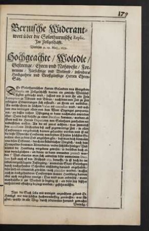 Bernische Widerantwort über die Solothurnische Replic.