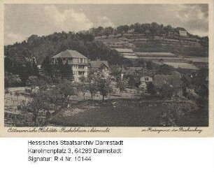 Reichelsheim im Odenwald, Göttmannsche Heilstätte / Außenansicht, im Hintergrund Reichenberg