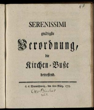 Serenissimi gnädigste Verordnung, die Kirchen-Buße betreffend