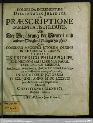 Dissertatio iuridica de praescriptione immunitatis a tributis