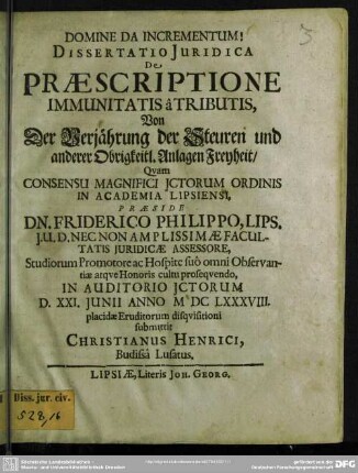Dissertatio iuridica de praescriptione immunitatis a tributis