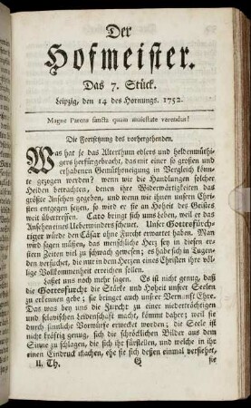 Das 7. Stück. Leipzig, den 14 des Hornungs. 1752.