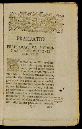 Praefatio De Praerogativa Medicinae Prae Reliqvis Scientiis.