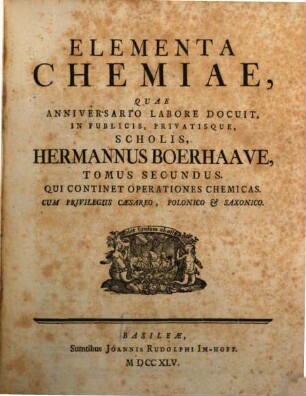 Elementa Chemiae, 2. Qui continet Operationes Chemicas