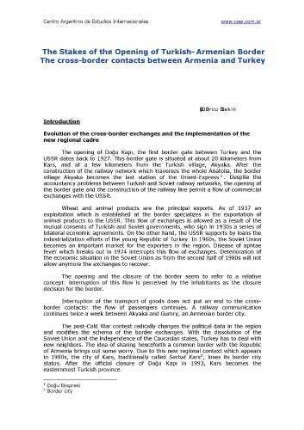 The stakes of the opening of Turkish- Armenian border ; the cross-border contacts between Armenia and Turkey