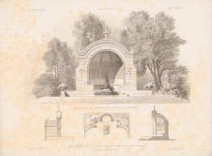 Sitzplatz an einem Grabe im Park, Griesel: Grundriss, Ansicht, Schnitte (aus: Architektonisches Skizzenbuch, H. 133/4, 1875)