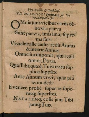 Viro Ampliss. & Consultiss. Dn. Melchiori Hoffmann IC. Praetori, Compatri &c.